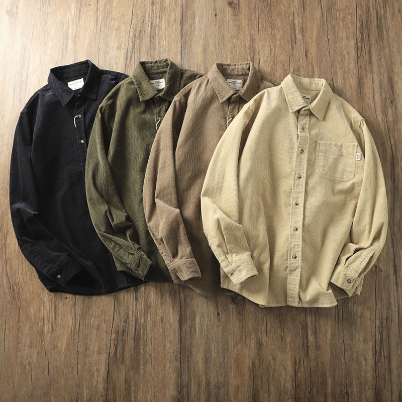 Kurtka męska z długim rękawem, bawełniana, gruba, z kieszeniami, z klapami i sztruksu w jednolitym kolorze z motywem Buddha Stones - image 19