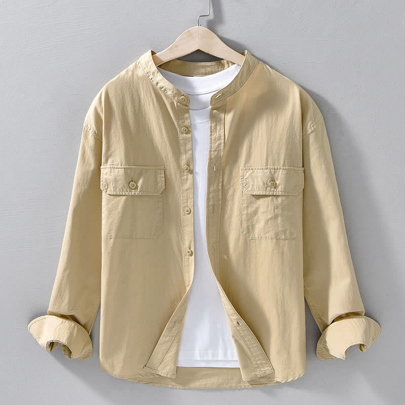 Kurtka męska z długim rękawem, bawełniana, gruba, z okrągłym dekoltem i kieszeniami, w jednolitym kolorze, z motywem Buddha Stones - Pszenica - US/UK/AU42， EU52 (3XL) - image 0