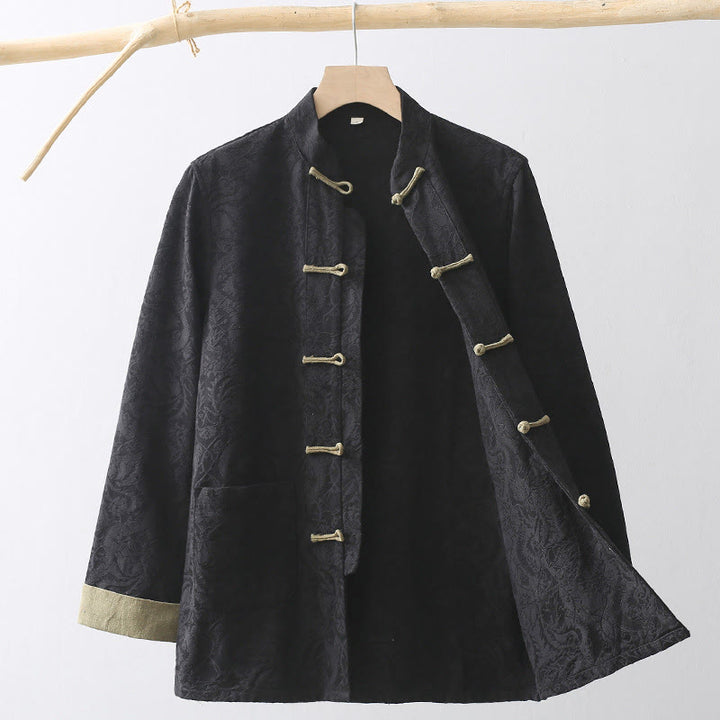 Kurtka męska z długim rękawem i kieszeniami z bawełny Buddha Stones Spring Jacquard Frog-Button - Czarny - US/UK/AU44， EU54 (4XL) - image 0