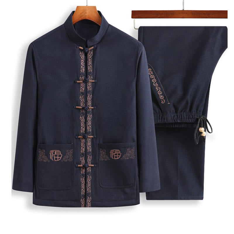 Kamienie Buddha Stones Fu Haftowany Strój Tang Męski Kurtka z Długim Rękawem Koszula Spodnie - Kurtka SteelBlue + czarne spodnie - US/UK/AU44， EU54 (4XL) - image 5
