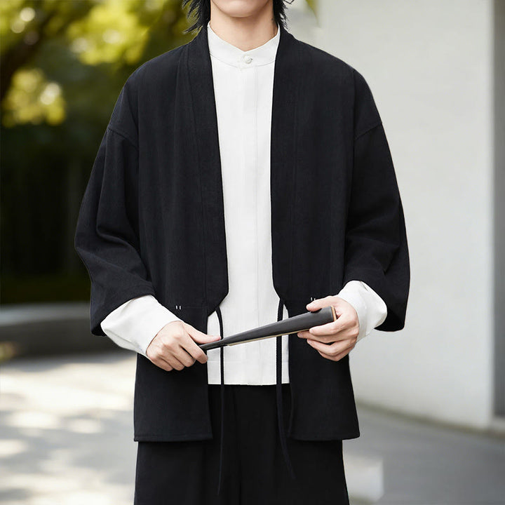 Buddha Stones Jednolita Kolorowa Kurtka Sztruksowa z Długim Rękawem z Otwartym Przodem Męska Kimono Bawełniano-Lniana Koszula - Czarne kimono - US/UK/AU46， EU56 (5XL) - image 0