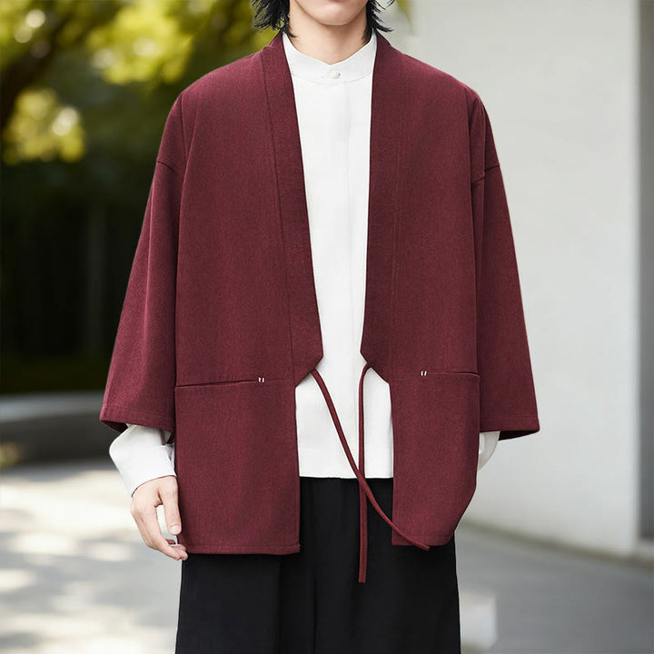 Buddha Stones Jednolita Kolorowa Kurtka Sztruksowa z Długim Rękawem z Otwartym Przodem Męska Kimono Bawełniano-Lniana Koszula - Ciemnoczerwone kimono - US/UK/AU46， EU56 (5XL) - image 7