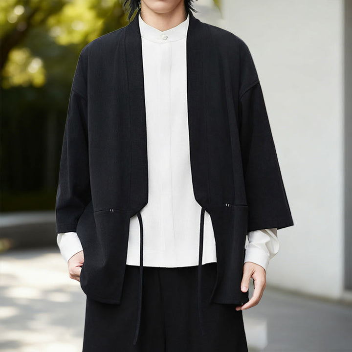 Buddha Stones Jednolita Kolorowa Kurtka Sztruksowa z Długim Rękawem z Otwartym Przodem Męska Kimono Bawełniano-Lniana Koszula - image 5