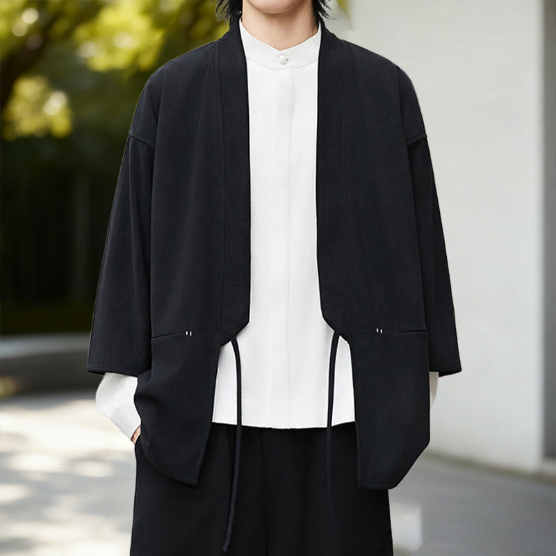 Buddha Stones Jednolita Kolorowa Kurtka Sztruksowa z Długim Rękawem z Otwartym Przodem Męska Kimono Bawełniano-Lniana Koszula - image 1