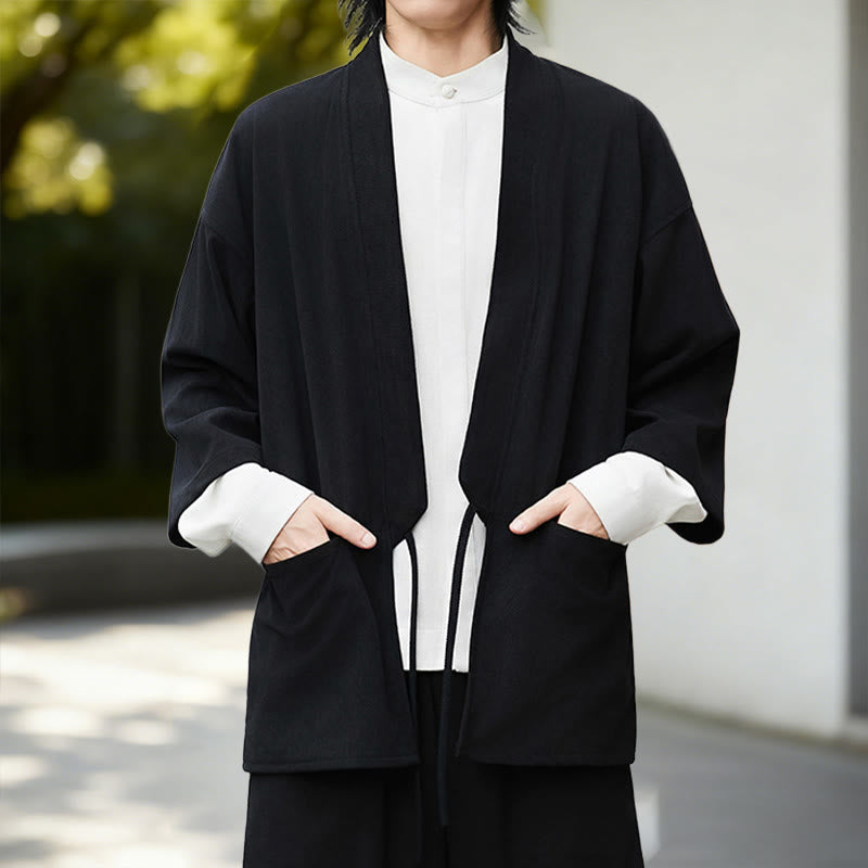 Buddha Stones Jednolita Kolorowa Kurtka Sztruksowa z Długim Rękawem z Otwartym Przodem Męska Kimono Bawełniano-Lniana Koszula - image 6