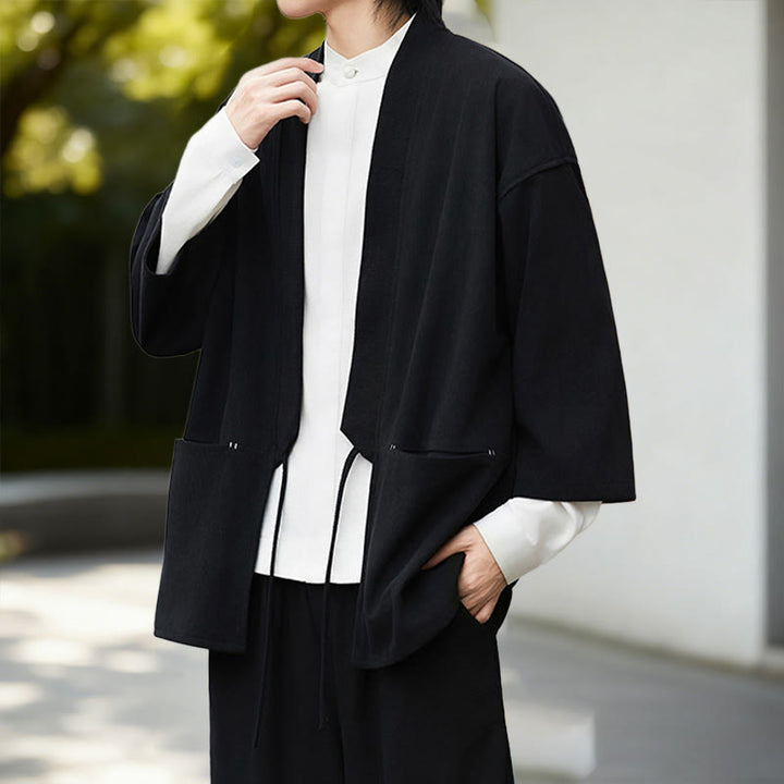 Buddha Stones Jednolita Kolorowa Kurtka Sztruksowa z Długim Rękawem z Otwartym Przodem Męska Kimono Bawełniano-Lniana Koszula - image 4