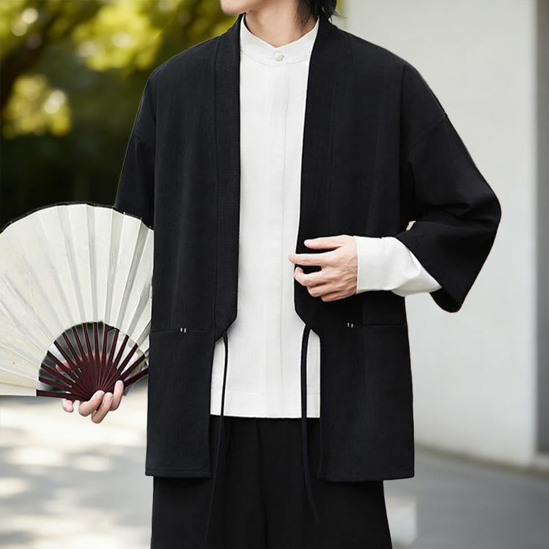 Buddha Stones Jednolita Kolorowa Kurtka Sztruksowa z Długim Rękawem z Otwartym Przodem Męska Kimono Bawełniano-Lniana Koszula - image 2