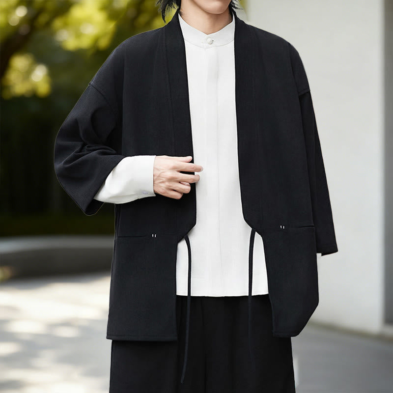 Buddha Stones Jednolita Kolorowa Kurtka Sztruksowa z Długim Rękawem z Otwartym Przodem Męska Kimono Bawełniano-Lniana Koszula - image 3