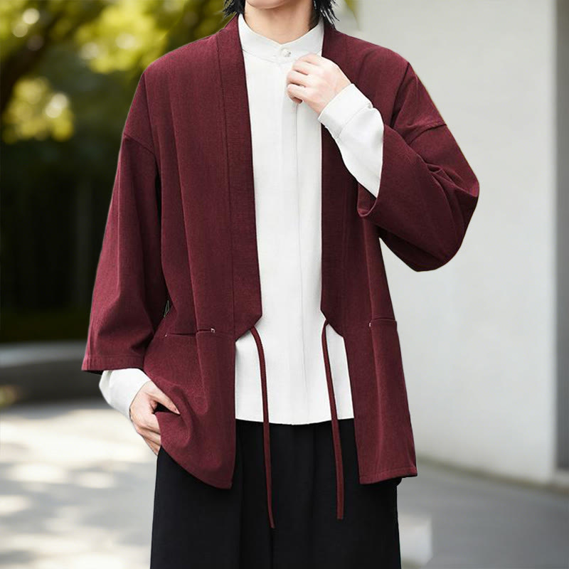 Buddha Stones Jednolita Kolorowa Kurtka Sztruksowa z Długim Rękawem z Otwartym Przodem Męska Kimono Bawełniano-Lniana Koszula - image 8