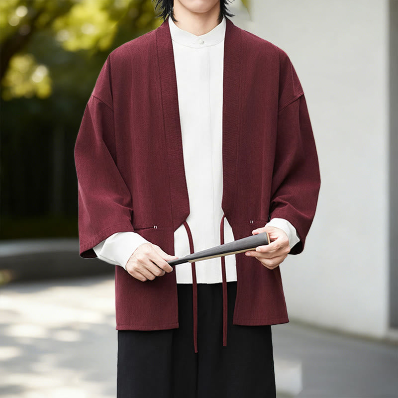 Buddha Stones Jednolita Kolorowa Kurtka Sztruksowa z Długim Rękawem z Otwartym Przodem Męska Kimono Bawełniano-Lniana Koszula - image 11