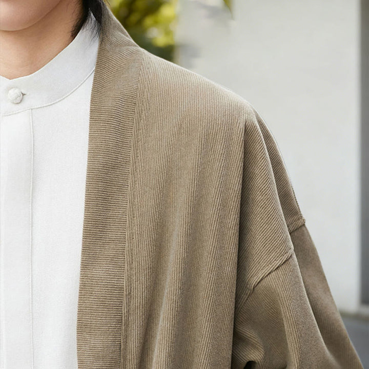 Buddha Stones Jednolita Kolorowa Kurtka Sztruksowa z Długim Rękawem z Otwartym Przodem Męska Kimono Bawełniano-Lniana Koszula - image 21