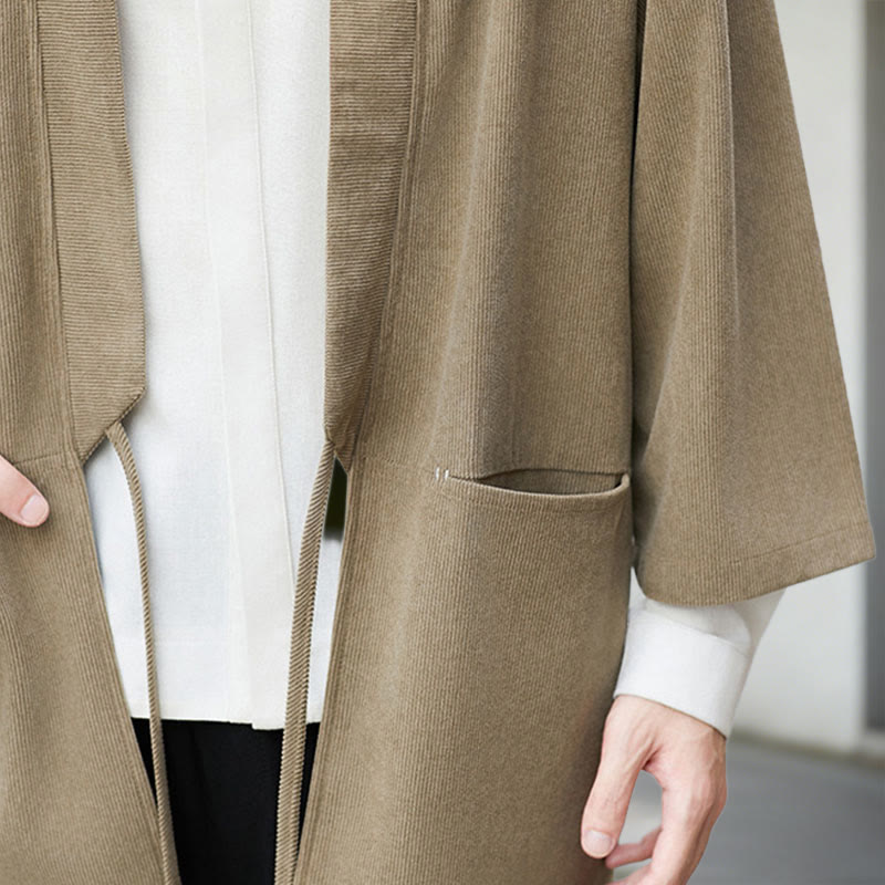 Buddha Stones Jednolita Kolorowa Kurtka Sztruksowa z Długim Rękawem z Otwartym Przodem Męska Kimono Bawełniano-Lniana Koszula - image 22