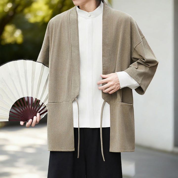 Buddha Stones Jednolita Kolorowa Kurtka Sztruksowa z Długim Rękawem z Otwartym Przodem Męska Kimono Bawełniano-Lniana Koszula - image 16