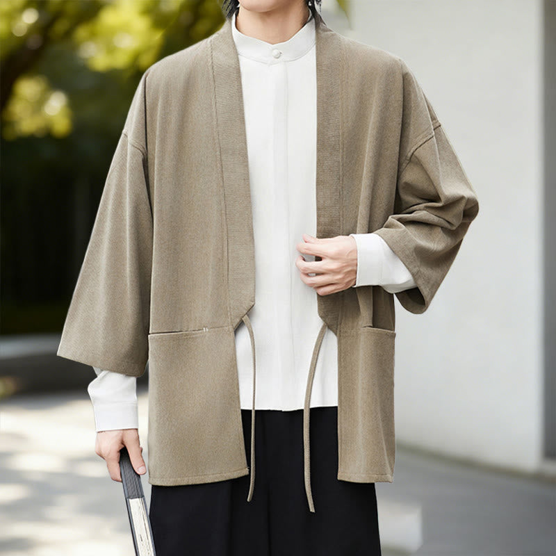 Buddha Stones Jednolita Kolorowa Kurtka Sztruksowa z Długim Rękawem z Otwartym Przodem Męska Kimono Bawełniano-Lniana Koszula - image 19