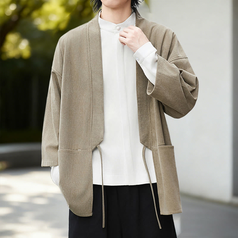 Buddha Stones Jednolita Kolorowa Kurtka Sztruksowa z Długim Rękawem z Otwartym Przodem Męska Kimono Bawełniano-Lniana Koszula - image 17