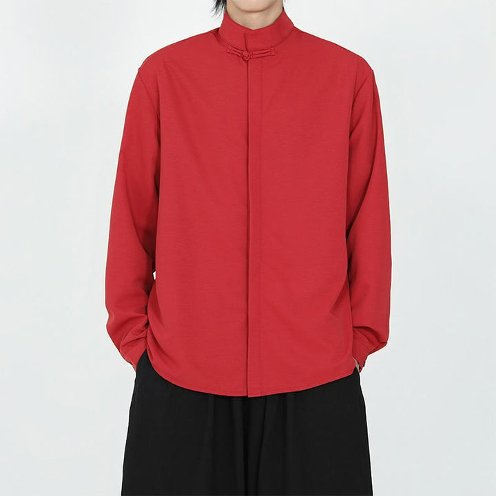 Koszula męska z długim rękawem z bawełny w jednolitym kolorze z motywem Buddha Stones , zapinana na jeden guzik żaby - Czerwony - US/UK/AU46， EU56 (5XL) - image 10