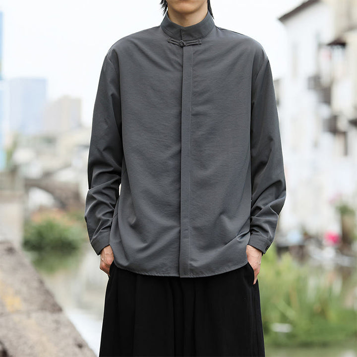 Koszula męska z długim rękawem z bawełny w jednolitym kolorze z motywem Buddha Stones , zapinana na jeden guzik żaby - Szary - US/UK/AU46， EU56 (5XL) - image 0
