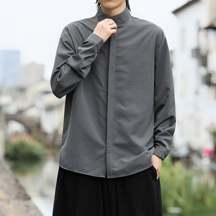 Koszula męska z długim rękawem z bawełny w jednolitym kolorze z motywem Buddha Stones , zapinana na jeden guzik żaby - image 2