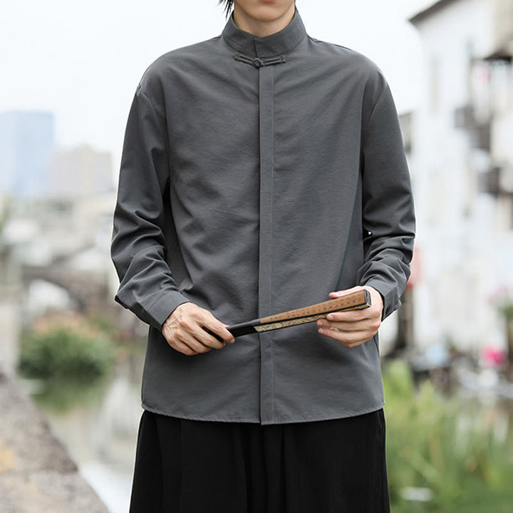 Koszula męska z długim rękawem z bawełny w jednolitym kolorze z motywem Buddha Stones , zapinana na jeden guzik żaby - image 1