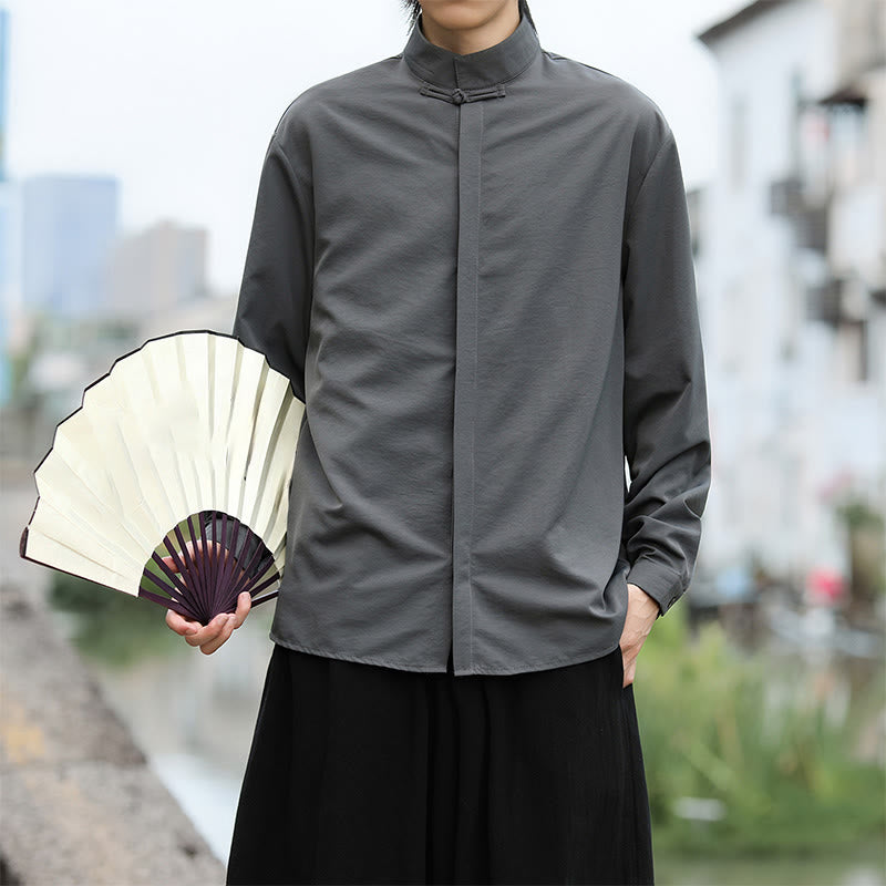 Koszula męska z długim rękawem z bawełny w jednolitym kolorze z motywem Buddha Stones , zapinana na jeden guzik żaby - image 4