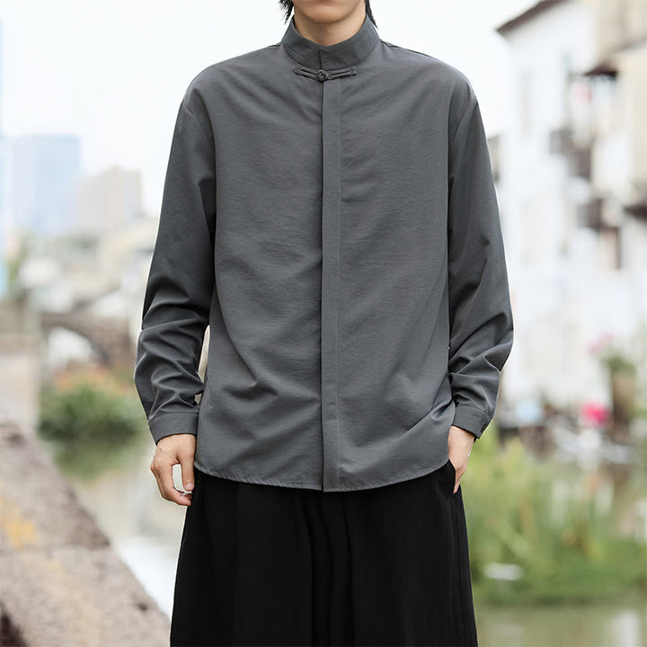 Koszula męska z długim rękawem z bawełny w jednolitym kolorze z motywem Buddha Stones , zapinana na jeden guzik żaby - image 3