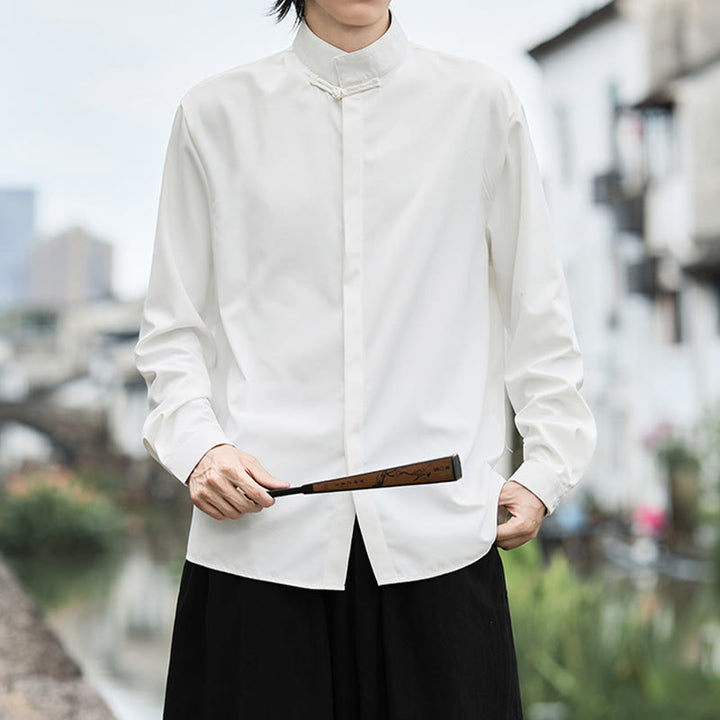 Koszula męska z długim rękawem z bawełny w jednolitym kolorze z motywem Buddha Stones , zapinana na jeden guzik żaby - image 8