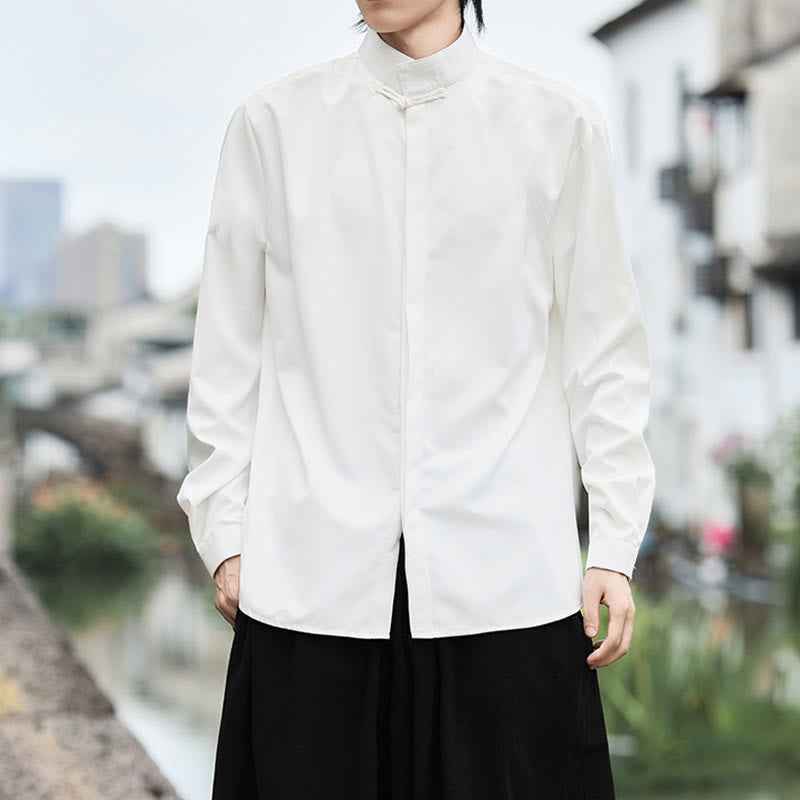 Koszula męska z długim rękawem z bawełny w jednolitym kolorze z motywem Buddha Stones , zapinana na jeden guzik żaby - image 7