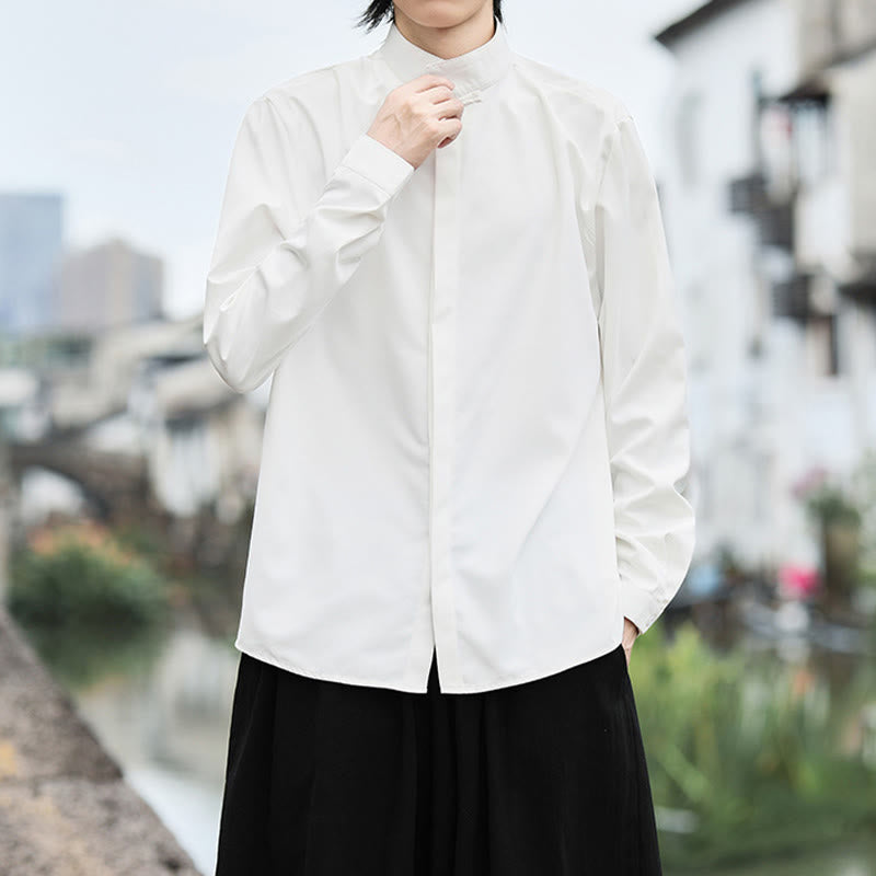 Koszula męska z długim rękawem z bawełny w jednolitym kolorze z motywem Buddha Stones , zapinana na jeden guzik żaby - image 6