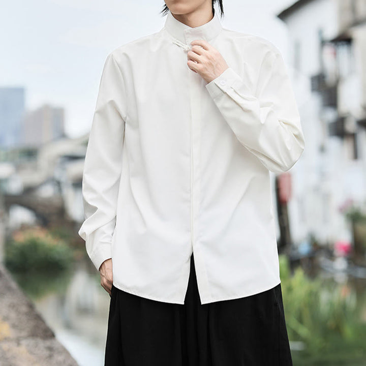 Koszula męska z długim rękawem z bawełny w jednolitym kolorze z motywem Buddha Stones , zapinana na jeden guzik żaby - image 9