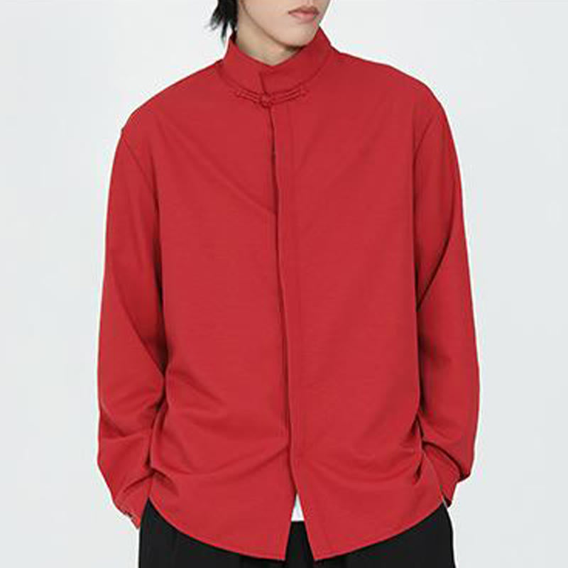 Koszula męska z długim rękawem z bawełny w jednolitym kolorze z motywem Buddha Stones , zapinana na jeden guzik żaby - image 14