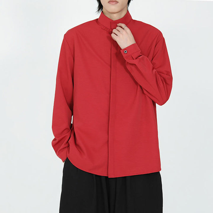 Koszula męska z długim rękawem z bawełny w jednolitym kolorze z motywem Buddha Stones , zapinana na jeden guzik żaby - image 13