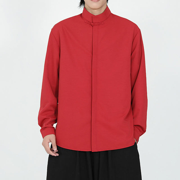 Koszula męska z długim rękawem z bawełny w jednolitym kolorze z motywem Buddha Stones , zapinana na jeden guzik żaby - image 11