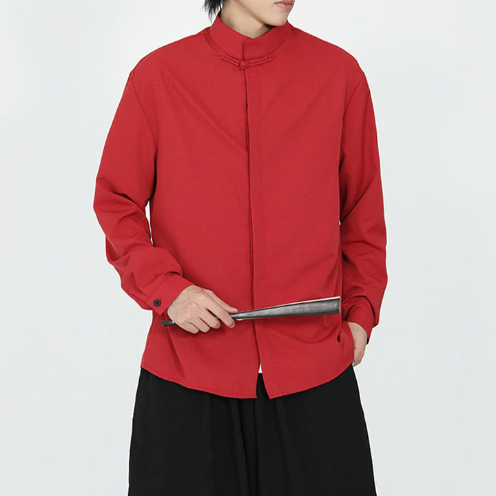 Koszula męska z długim rękawem z bawełny w jednolitym kolorze z motywem Buddha Stones , zapinana na jeden guzik żaby - image 12