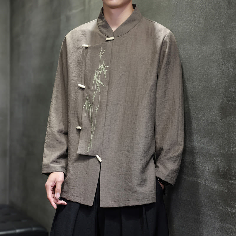 Koszula męska z długim rękawem z bawełny i lnu z motywem jesiennych Buddha Stones w jednolitym kolorze z haftem liści bambusa - image 1