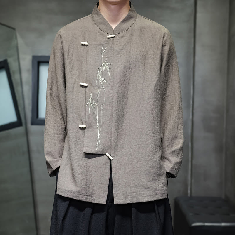 Koszula męska z długim rękawem z bawełny i lnu z motywem jesiennych Buddha Stones w jednolitym kolorze z haftem liści bambusa - Dębnik - US/UK/AU46， EU56 (5XL) - image 0