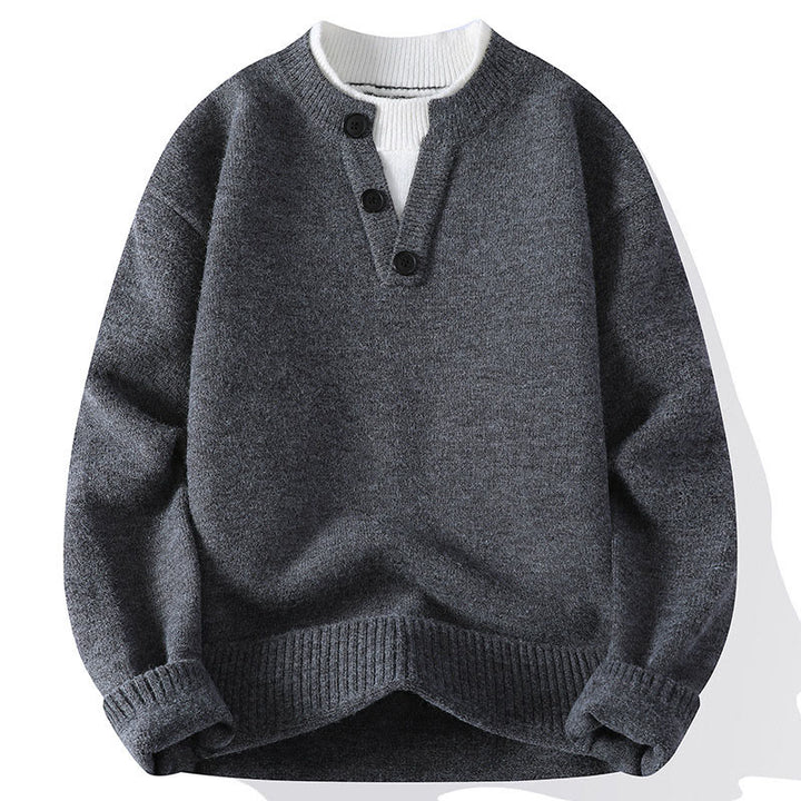 Ciepły męski sweter z długim rękawem z dzianiny z okrągłym dekoltem i guzikami z Buddha Stones - Szary - US/UK/AU44， EU54 (4XL) - image 0