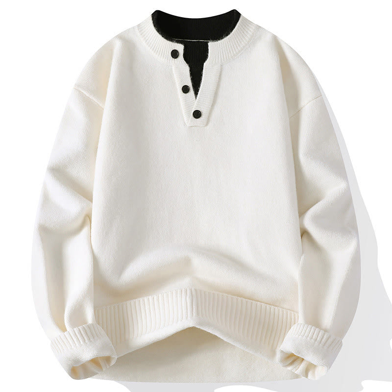 Ciepły męski sweter z długim rękawem z dzianiny z okrągłym dekoltem i guzikami z Buddha Stones - Biały - US/UK/AU44， EU54 (4XL) - image 9