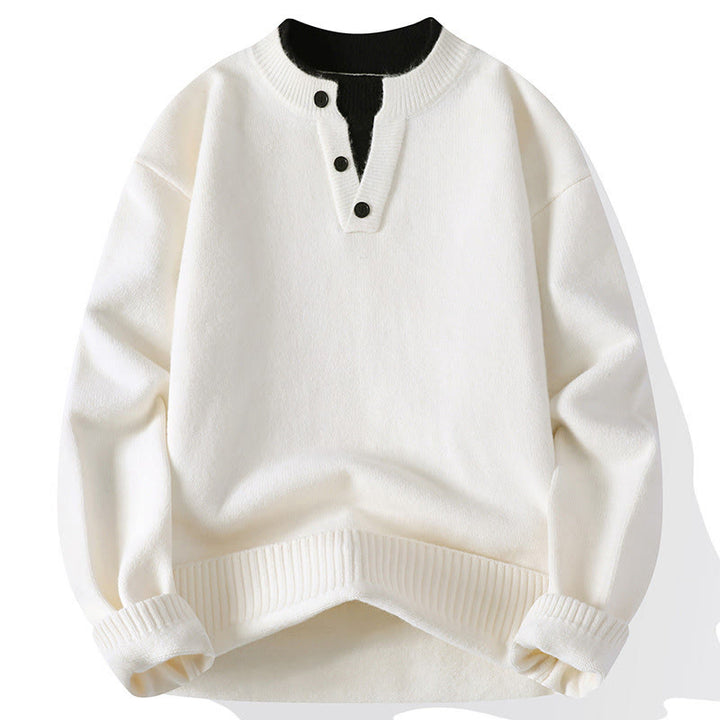 Ciepły męski sweter z długim rękawem z dzianiny z okrągłym dekoltem i guzikami z Buddha Stones - Biały - US/UK/AU44， EU54 (4XL) - image 9