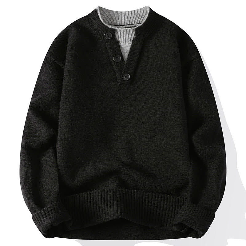 Ciepły męski sweter z długim rękawem z dzianiny z okrągłym dekoltem i guzikami z Buddha Stones - Czarny - US/UK/AU44， EU54 (4XL) - image 10