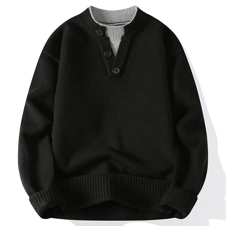Ciepły męski sweter z długim rękawem z dzianiny z okrągłym dekoltem i guzikami z Buddha Stones - Czarny - US/UK/AU44， EU54 (4XL) - image 10