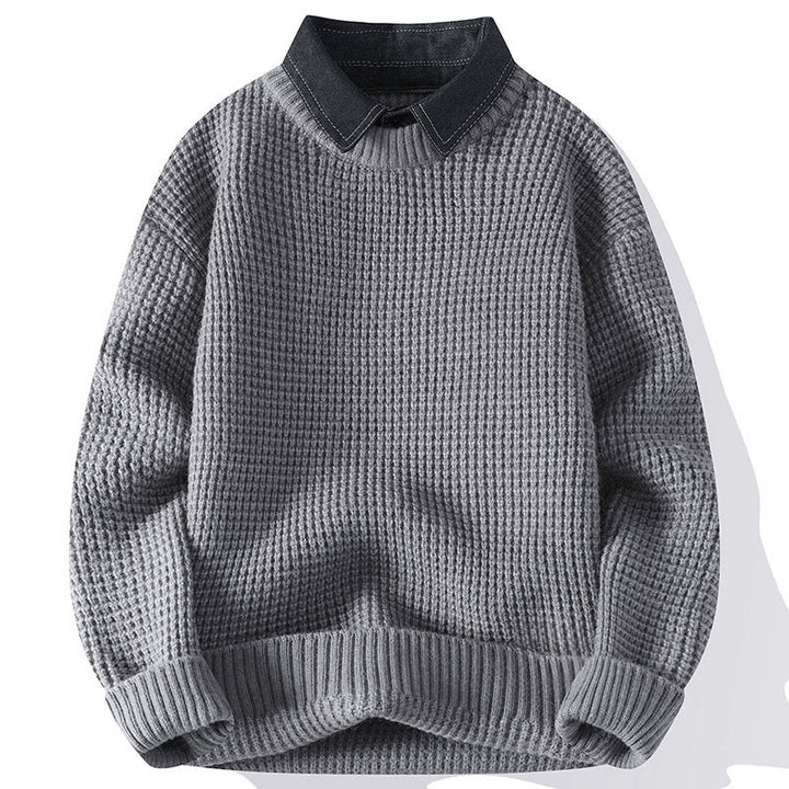 Ciepły męski sweter z długim rękawem z dzianiny Buddha Stones Winter Black Stand Collar Waffle Pattern - Jasnoszary - US/UK/AU44， EU54 (4XL) - image 0