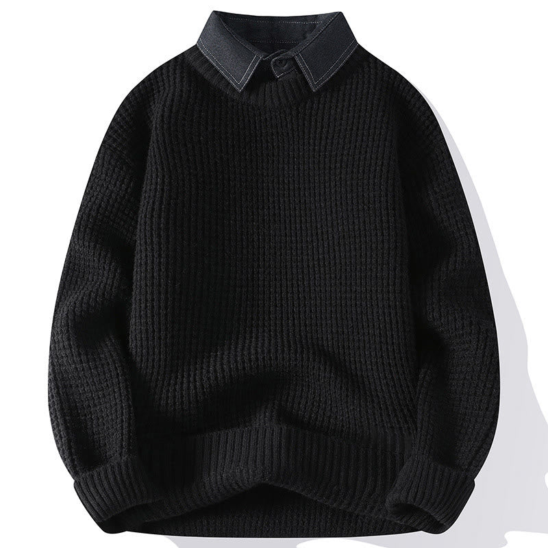 Ciepły męski sweter z długim rękawem z dzianiny Buddha Stones Winter Black Stand Collar Waffle Pattern - Czarny - US/UK/AU44， EU54 (4XL) - image 2