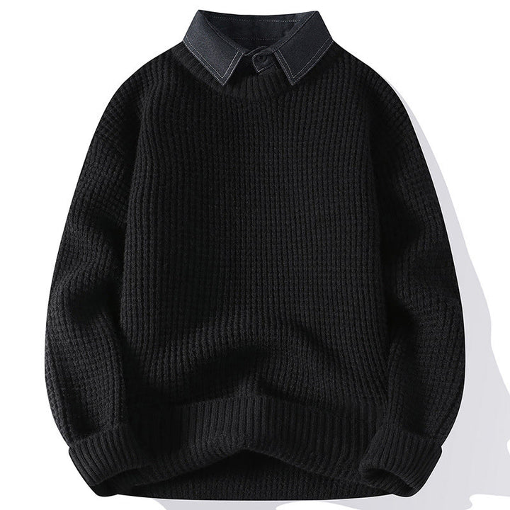 Ciepły męski sweter z długim rękawem z dzianiny Buddha Stones Winter Black Stand Collar Waffle Pattern - Czarny - US/UK/AU44， EU54 (4XL) - image 2