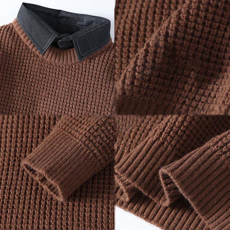 Ciepły męski sweter z długim rękawem z dzianiny Buddha Stones Winter Black Stand Collar Waffle Pattern - image 5