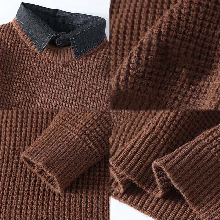 Ciepły męski sweter z długim rękawem z dzianiny Buddha Stones Winter Black Stand Collar Waffle Pattern - image 5