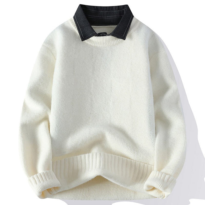 Ciepły męski sweter z długim rękawem z dzianiny Buddha Stones Winter Black Stand Collar w kratę - Biały - US/UK/AU44， EU54 (4XL) - image 4
