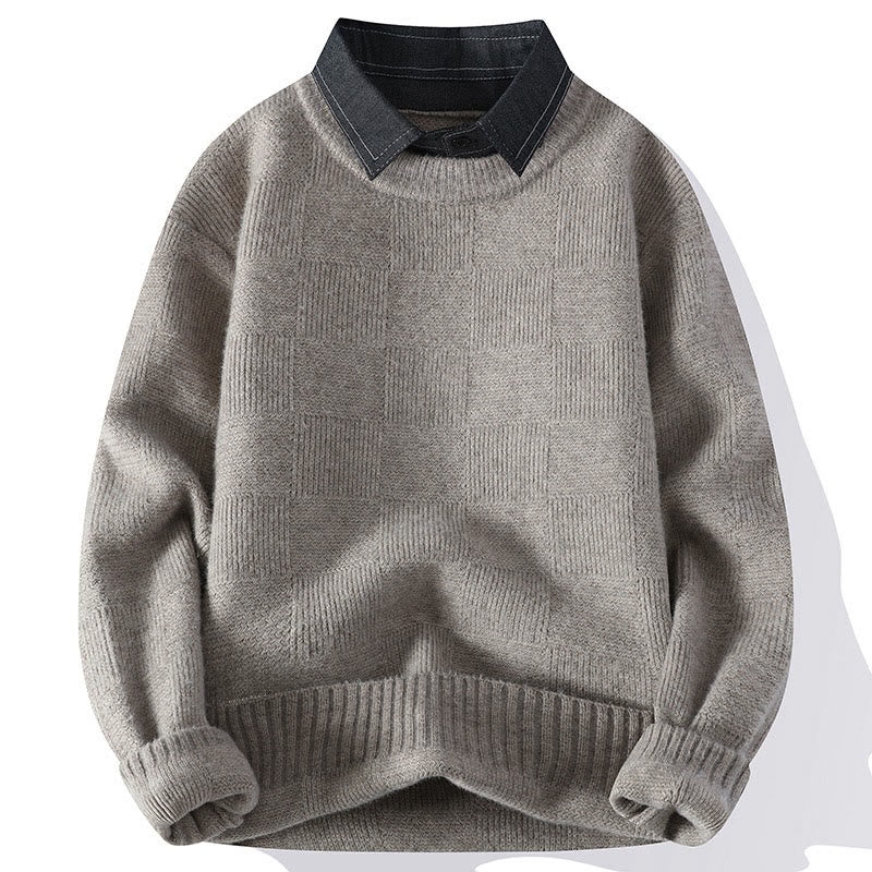 Ciepły męski sweter z długim rękawem z dzianiny Buddha Stones Winter Black Stand Collar w kratę - Bielizna - US/UK/AU44， EU54 (4XL) - image 0