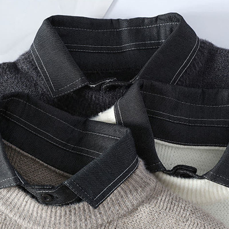 Ciepły męski sweter z długim rękawem z dzianiny Buddha Stones Winter Black Stand Collar w kratę - image 7