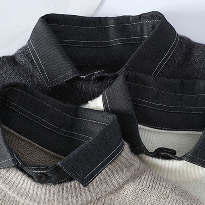 Ciepły męski sweter z długim rękawem z dzianiny Buddha Stones Winter Black Stand Collar w kratę - image 7
