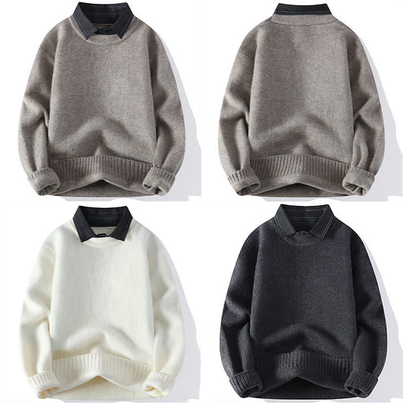 Ciepły męski sweter z długim rękawem z dzianiny Buddha Stones Winter Black Stand Collar w kratę - image 10